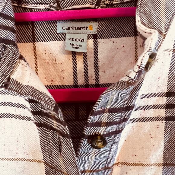 Carhartt Relaxed Fit Flannel Sz XS Pink Brown Plaid 3/4 Sleeves No Collar - Picture 4 of 7